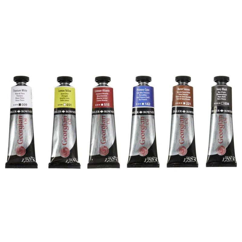 Set of six tubes of Georgian Oil Paints on a white background