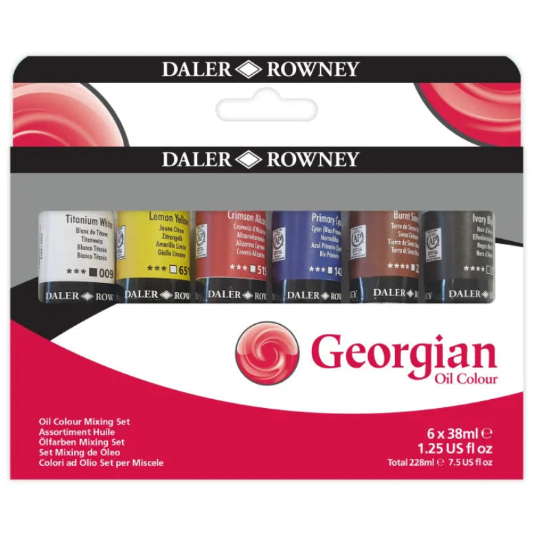 Packaging of Daler Rowney Georgian Oil Colour set on a white background